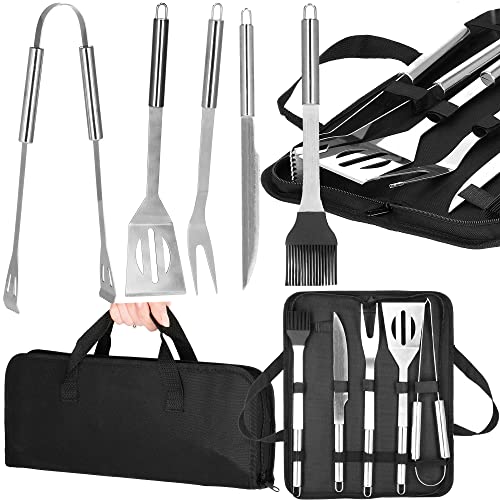 SPRINGOS Juego de utensilios para barbacoa, 5 piezas, incluye bolsa de transporte, juego de barbacoa de acero inoxidable, pinzas para carne, espátula, cuchillo, tenedor, cuchillo, cepillo