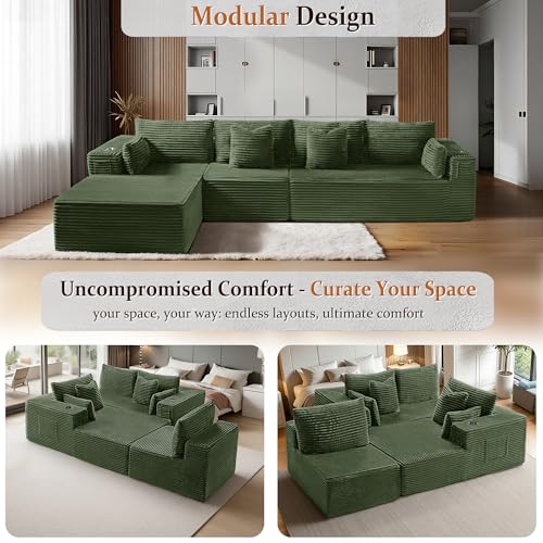 Image of 138 inch Cloud Sectional Couch, Comfort L Shaped Boneless Couch for Living Room, Extra Deep Seats No Assembly, Minimalist Modular Sofa, Corduroy (Olive Green, 3 Seater+Right Facing Chaise)