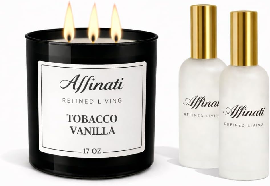 Affinati Candle & Room Spray Bundle – 17 oz 3-Wick Candle + 2 Room & Linen Sprays (4 oz) – Strong Scented Soy Blend Set – Long Lasting Home Fragrance for Room & Linen (French Vanilla)