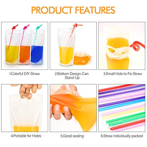100Pcs Drink Pouches With 100Pcs Individual Wrapped Straws, Yamgqus Freezable Juice Pouches Diy Reclosable Zipper Drink Bags For Adults And Kids, Silicone Funnel Included - 17Oz (100 Pack) #TOP2