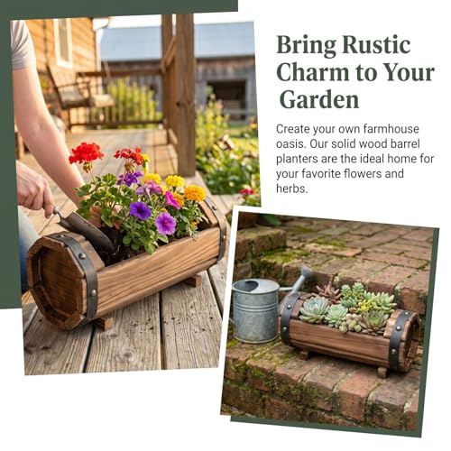 Image of DOITOOL Half Barrel Planters Outdoor, 2 Pack Rustic Solid Wood Flower Pots for Plants, Carbonized Wooden Whiskey Wine Barrel Planter Set for Garden Patio Porch Windowsill Decoration (Brown)
