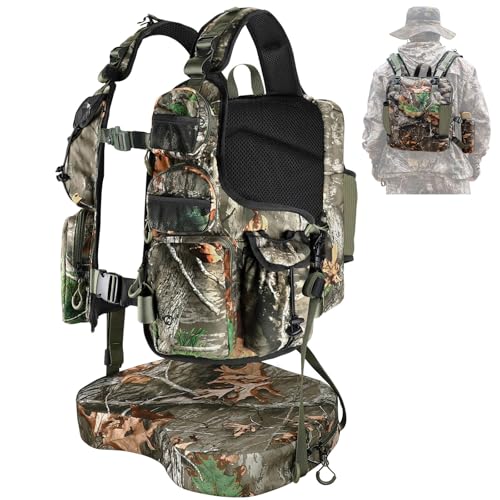 Kalkal Turkey Vest with Seat Lightweight Camo Turkey Hunting Vest with Multi-Compartment Storage Hydration Pocket Quiet Fabric Turkey Hunting Gear for Men Women
