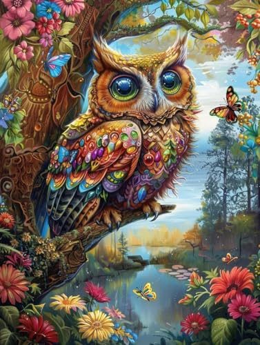 Pintura con números kit de búho y flor en gran formato de 100x130cm para manualidades DIY.
