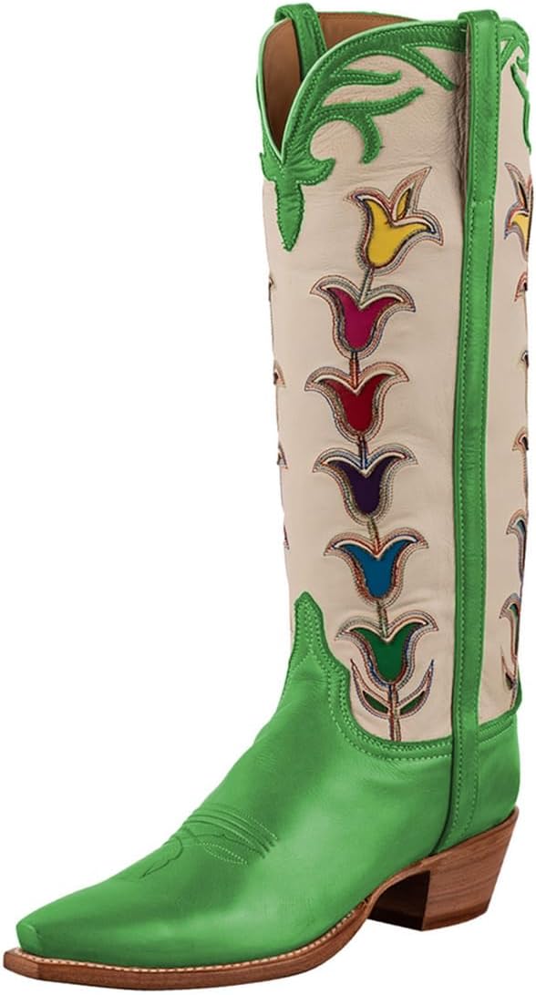 Pazzion Women Stacked Low Heels Western Cowgirl Boots Pointed Toe Pull On Flowers Embroidery Knee High Boot Party Dress Shoes Size 4-16 US