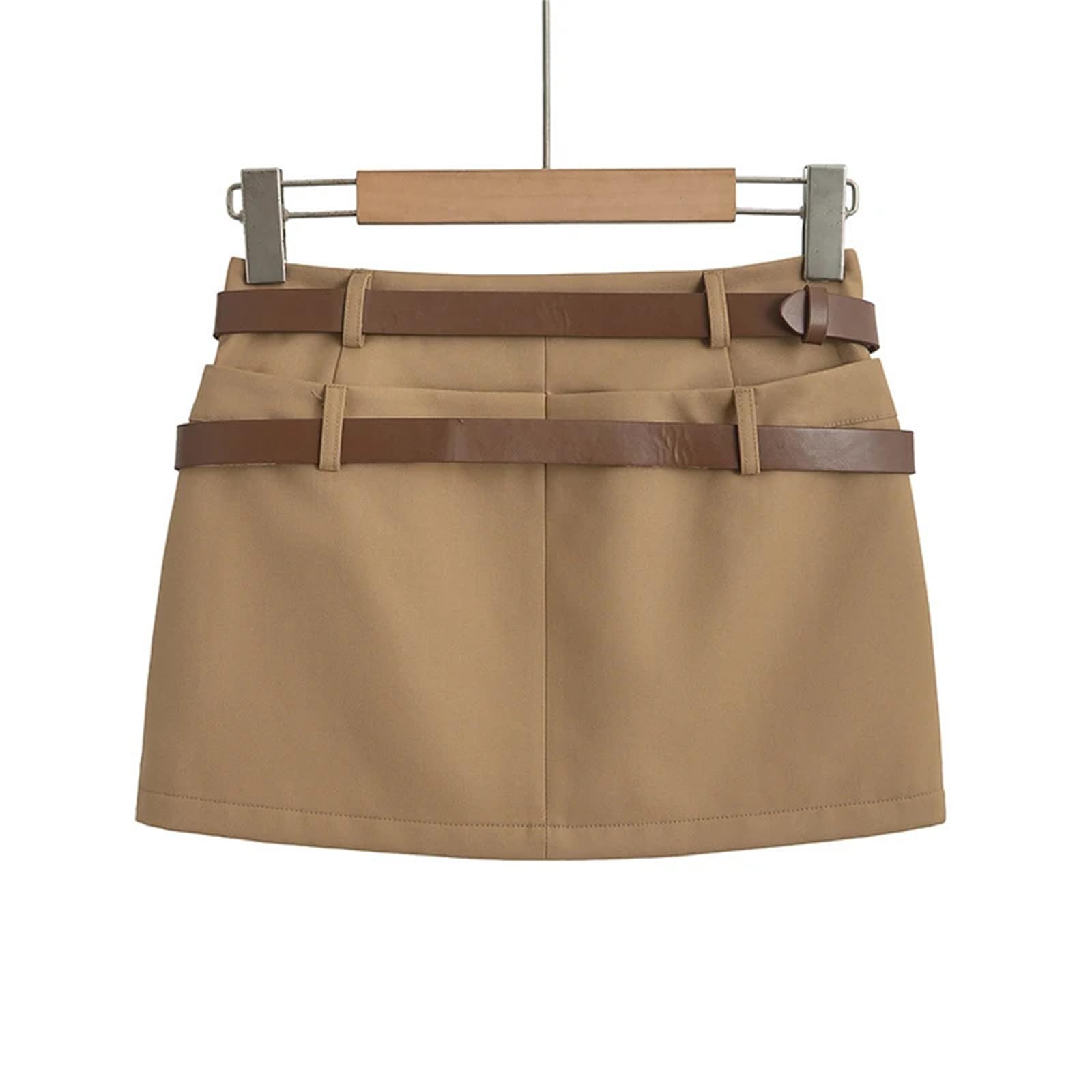 Mini gonne a Matita in Pelle Nera in Pelle Estate con Cinture a Doppia Cintura con gonne da carico Kaki