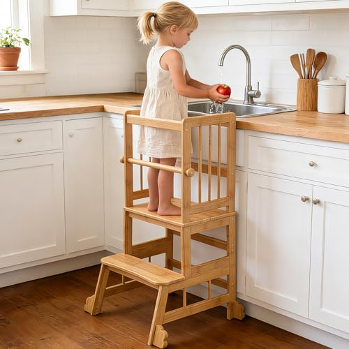 Image of HBTower Kids Kitchen Step Stool with Safety Rails & Anti-Slip Feet,Toddler Standing Tower for Kitchen Counter Learning - Hold Up to 450lbs,Anti-Slip Feet Toddlers Learning Tower,Natural Bamboo