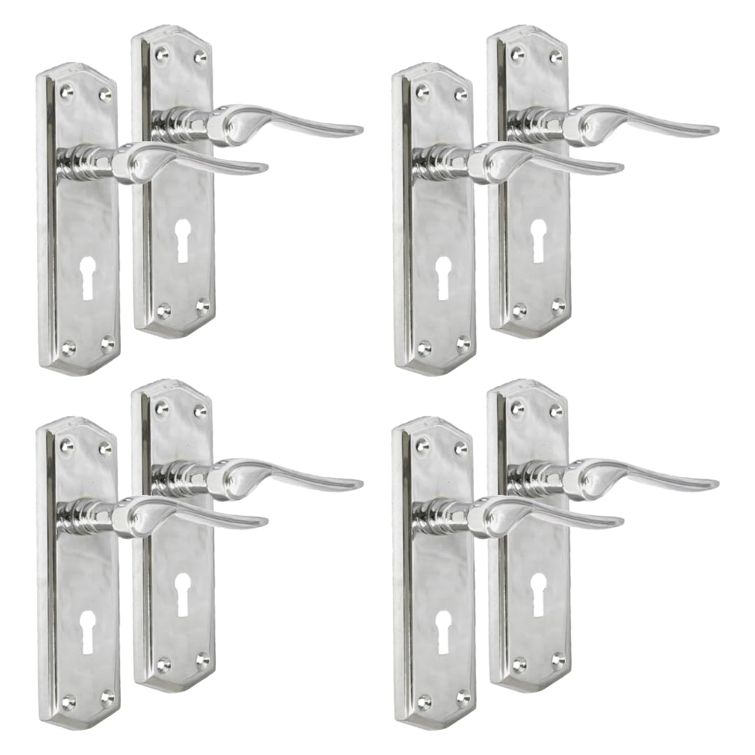 Premium Chrome Internal Door Lock Handles with Long Back Plate & 3 Lever Sash Lock - Stellar Design (1-6 Pair of Handles + 3 Lever SASH Lock) (4 Pair of Handles)