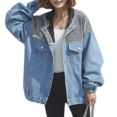 QZUnique Women Denim Jacket Casual Loose Long Sleeves Splicing Hooded Jean Coat Plus Size Ladies Outwear US 16W-18W