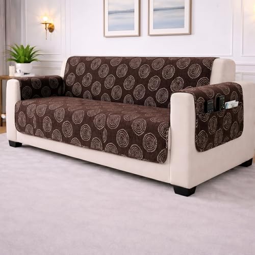 Image of STITCHNEST 'Opulence Series' Floral Woven Sofa Cover for 2 Seater | Premium Soft Fabric Sofa Protector | Brown Circular Pattern with Tassel Edge Finish | Durable Living Room Furniture Cover
