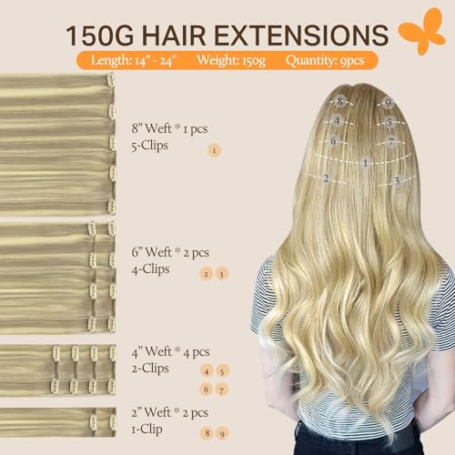 Image of DOORES Human Hair Clip Extensions, Light Blonde Highlighted Golden Blonde 150g 9pcs 20 Inch, Natural Remy Clip in Hair Extensions Straight Thick Hair Extensions