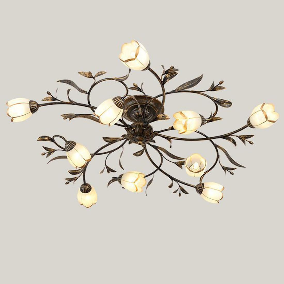 KXEcoLife American retro ceiling lamp, creative flower-shaped LED pastoral chandelier, simple European living room French lamp for bedroom,10 Heads