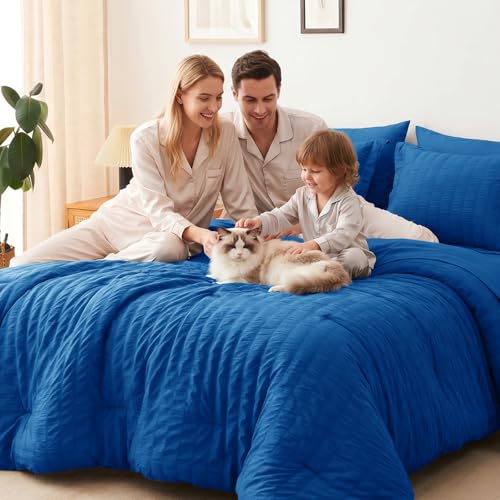 Image of CozyLux Full Size Comforter Sets Classic Blue, 7 Pieces Seersucker Textured Luxury Bed in a Bag, All-Season Bedding Sets with Down Alternative Comforter, Sheets, Pillowcases & Shams, Bedroom Bed Set