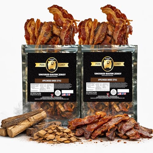 Smoked Applewood Bacon Jerky – Sweet, Smoky & Irresistibly Delicious Gourmet Indulgence | Made with 100% Real Uncured Thick-Cut Bacon, Small-Batch Applewood Smoked for Bold, Rich Flavor | 4 ounces total (Pack of 2 bags, 2 ounces each)