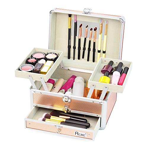 Reme Makeup Train Case Cosmetic Organizer Box With Trays and Drawer Cosmetic Storage Case - Gold
