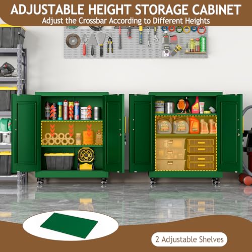 Image of pozdeg 35 inch Metal Storage Cabinet with Lock and Wheels, Lockable Office File Cabinet with 2 Doors and 2 Adjustable Shelves, Rolling Steel Tool Garage Cabinets for Home Office (Green)