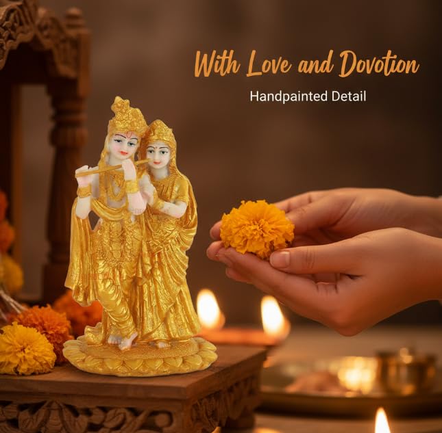 Image of Resin Radha Krishna Idol Premium Golden Finish Handcrafted Divine Murti for Home Mandir Pooja Room Spiritual Decor and Gifting