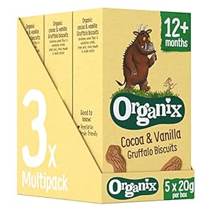 Organix Gruffalo Biscuits Organic Cocoa & Vanilla Toddler Snacks Multipack 12+ Months 5x20g (Pack of 3)
