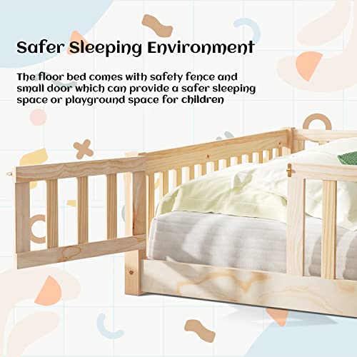 I-Pook Full Floor Bed For Children, Sturdy Wood Montessori Bed Frame With Wood Slats, Fence & Door, Montessori Floor Bed For Girls And Boys, Natural (With Bed Slats) #TOP3