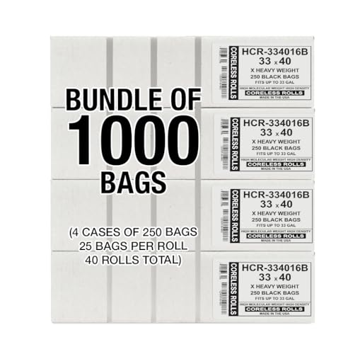 Image of Aluf Plastics High Density Trash Bags, 33 Gallon, 1000 Count, 16 Micron (eq), 33 inch x 40 inch, Black, for Bathroom, Office, Industrial, Commercial, Janitorial, Municipal, Recycling
