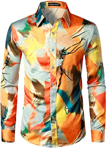Image of PARKLEES Men's Hipster Silk Printed Slim Fit Long Sleeve Button Up Satin Dress Shirts Yellow M