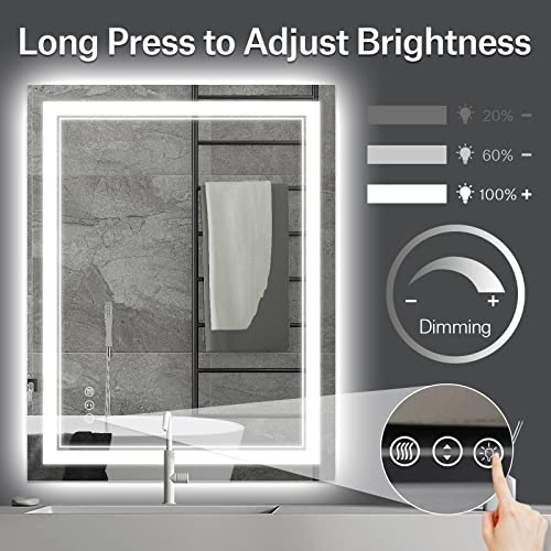 LED Mirror 20"x28" with Front and Backlit,Dimmable LED Lighted Vanity Mirror Bathrooom Wall,Memory Shatterproof Anti Fog Mirror for Bathroom