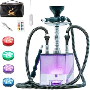 2 Hose Hookah Set with Travel Case Cleaning Brush, ASANMA Micro Cube Acrylic Hookah with Silicone Bowl Coal Tongs Magical Remote LED Light for Better Shisha Narguile Smoking