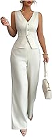 SOLYHUX Women's 2-Piece Business Casual Pantsuit: V-Neck Button-Up Vest & High-Waist Straight Leg Pants Set