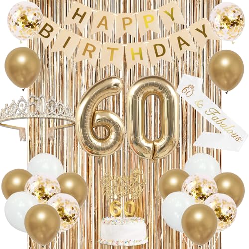 Image of Trgowaul 60th Birthday Decorations for Women, Banner, Sash and Crown, Cake Topper, 60 Number Balloon, Fringe Curtains, Champagne Gold 60th Birthday Party Supplies