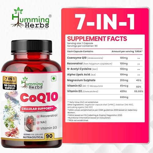 Image of Humming Herbs CoQ10 Supplement 7-in-1 with Resveratrol NAC ALA Magnesium Vitamin K2 (MK-7) & Vitamin D3 - Cellular Energy & Antioxidant Support - 90 Veg Capsules