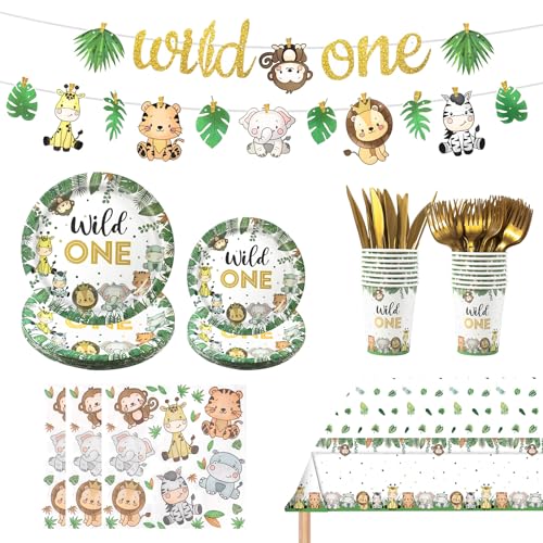 Wild One Birthday Decorations 182pcs Jungle Safari Theme Party Supplies Includes Plates Napkins Cutlery Tablecloth and Banner for Baby Shower or Boys 1st Birthday Party Serve 30 Guests