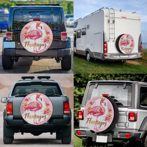 Image of Spare Tire Cover for RV Trailer, Flamingo Flower Tire Covers Universal Fit for Travel Trailer Camper Jeep RV SUV Truck Waterproof Wheel Cover (14 inch for Diameter 25 inch - 27 inch)