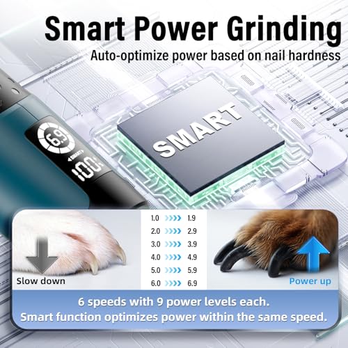 Casfuy Smarter Krallenschleifer für Hunde 6-Gang – 50% Mehr Leistung Krallenschleifer für Haustiere mit 2 LED-Leuchten, Superleise, Wiederaufladbare für Große, Mittelgroße und Kleine Hunde und Katzen