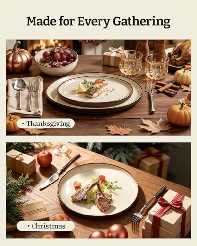 Image of Famiware Milkyway Stoneware Dinnerware Set, 12-Piece, Double Reactive Glaze, Plates and Bowls, Service for 4, Microwave and Dishwasher Safe, Scratch-Resistant, Light khaki & Cocoa