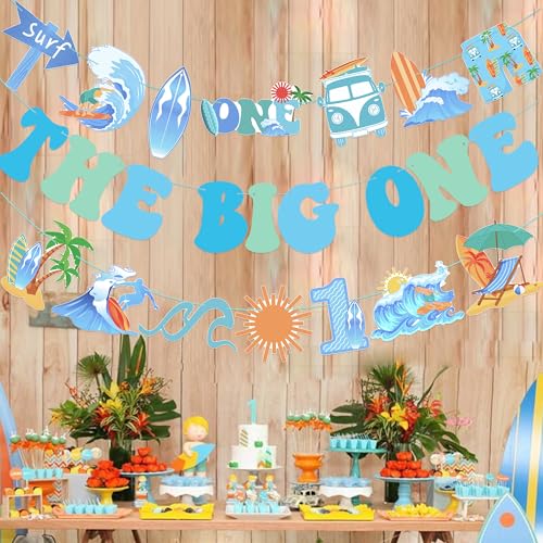 Image of Surf The Big One Banners Retro 3PCS Beach Surfing 1st Birthday Banners The Big One Party Supplies for Summer Beach Surfing First Birthday Party Decor