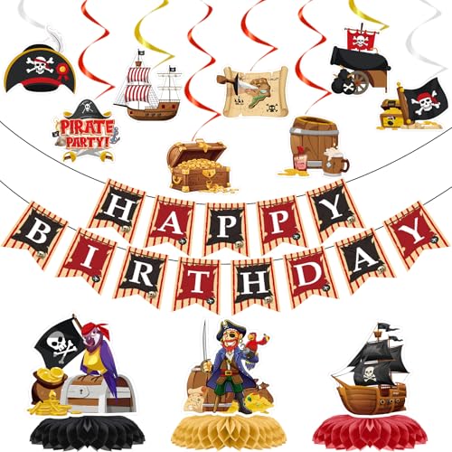Image of Pirate Birthday Party Banners Hanging Swirls Decorations 13PCS | Pirate Party Decor 13pcs, Glitter Banners Swirls, Cardstock Decor, Nautical Pirate Theme, Birthday Party Decor for Kids Boys