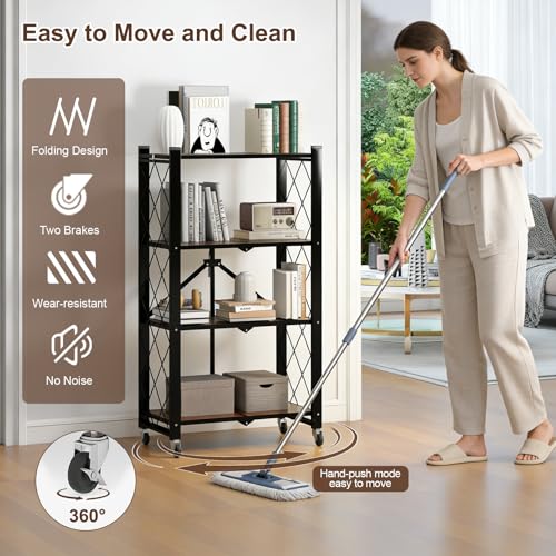 Image of 4 Tier Folding Shelf with Wheels, Wood and Metal Bookshelf