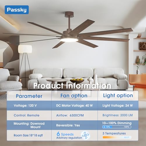 Image of 80 Inch Ceiling Fans with Lights, Large Modern Ceiling Fan with Light and Remote Control, Reversible, 3CCT, Dimmable, Quiet, Brown Ceiling Fan for Bedroom Living Room Patio Farmhouse, Indoor /Outdoor