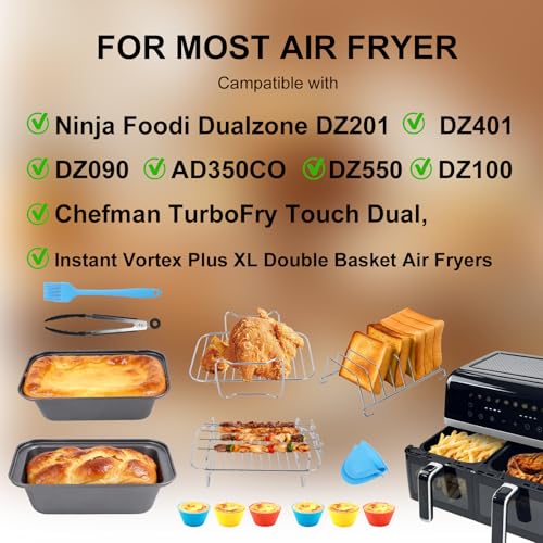 Image of Air Fryer Accessories, 16pcs Set for Ninja DZ401 DZ201 Foodi Dualzone Air Fryers with 100pcs Air Fryer Liners, 2 Non-Stick Pans, Bread,Toasting,Skewer Racks, Food clip, 6 Cake Cups, 2 Mitts