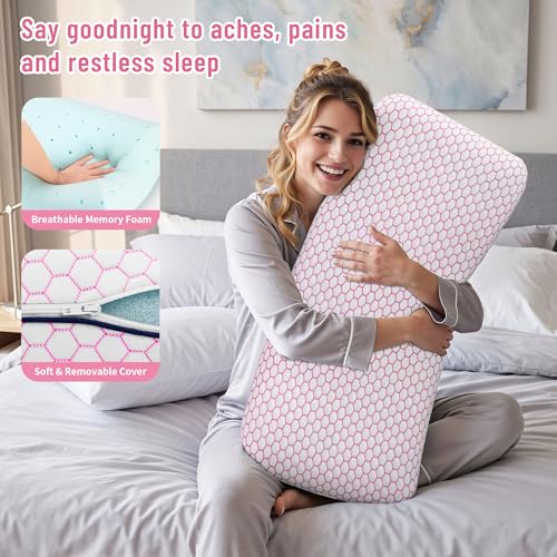 Image of CushyOasis Memory Foam Pillows for Side, Back and Stomach Sleepers, Set of 2, Bed Pillow with Washable Cover and Breathable Mesh, Bed Pillow for Sleeping (Pink,King Size)