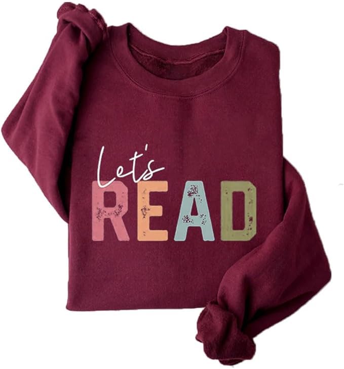 Quzawgohe Fleece Pullover Reading Book Sweatshirt Women Let's Read Graphic Long Sleeve Shirts Crewneck Teacher Shirt Tops