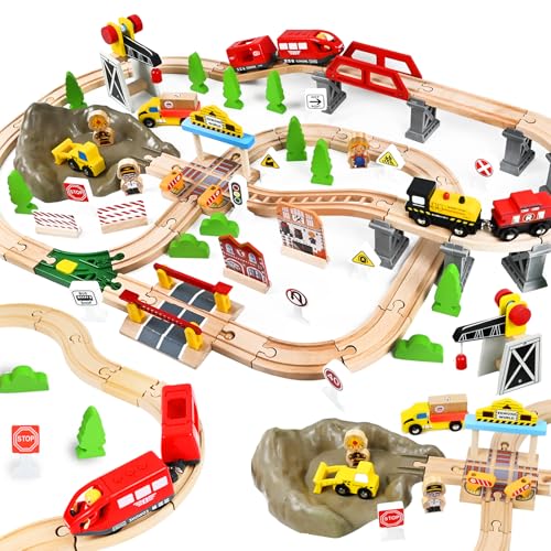 HERMORRYSS Tren de Madera para Niños, 100 Piezas Vías de Tren de Madera y Juguetes de TrenS, TrenS Eléctrico, Ferrocarril de Ingeniería con Grúa Magnética, Figuras, Regalo para Niños y Niña de 3+ Años