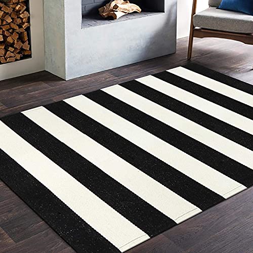 Leevan Black And White Striped Outdoor Rug, 3' X 5' Front Porch Rug Welcome Doormat Washable Woven Fabric Farmhouse Cotton Indoor Floor Carpet For Kitchen Laundry Living Room #TOP7