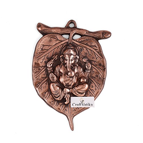 Image of Collectible India Ganesha Leaf Metal Wall Hanging Sculpture | Ganesh Idol Home Decor Ganpati on Leaf Lucky Feng Shui Wall Art