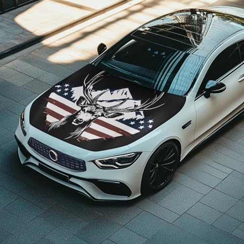 Image of Deer American Flag Car Hood Cover Polyester Elastic Fabrics Can be Washed Car Hood Cover Flag Suitable for Auto Car Truck, Van, SUV, Pickup