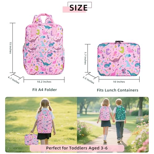 Toddler Backpack with Lunch Bag Box Set for Preschool Kindergarten Boys Girls Kids Small Backpacks School Bookbag for Elementary Primary(Pink Dinosaur)4