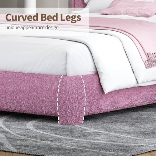 Image of BarnFurin King Bed Frame, Cloud Boucle Headboard, Low Profile, Rose Pink