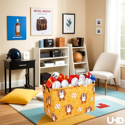Image of Kid Cute Storage Basket Baby Gift Basket Collapsible Rectangle Canvas Storage Bin for Nursery Playroom Bedroom Decor Organizer (Cartoon Bear Baseball)