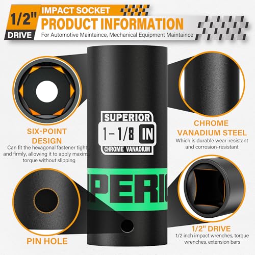Image of 1 /2 inch Drive Impact Socket, 1-1 /8 inch Deep Socket, SAE, 6 Point, CR-V, for Car Repair, Loosen the Fastening Nut