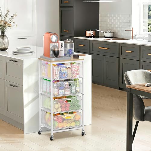 Image of SUNALLY Kitchen Storage Cart with Drawers,Metal Snack Cart Organizer,White | 4-Tier Craft Cart with Lockable Wheels, Wooden Top, Rolling Storage Drawer Carts for Snacks,Beauty,Craft,Art,Makeup,School