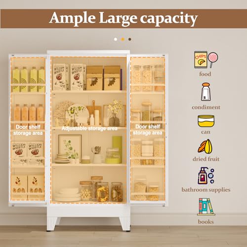 Image of GAIOUS Metal Kitchen Pantry Cabinet, Storage Cabinets with 2 Door and 3 Adjustable Shelves, White Freestanding Food Storage Cabinet, Steel Cupboard for Kitchen Dinning Room